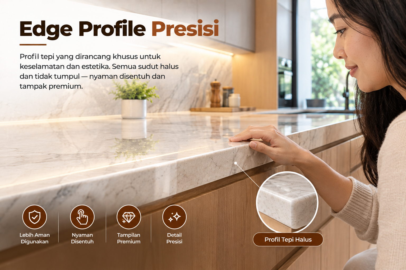 Edge Profile Presisi — profil tepi marmer yang halus