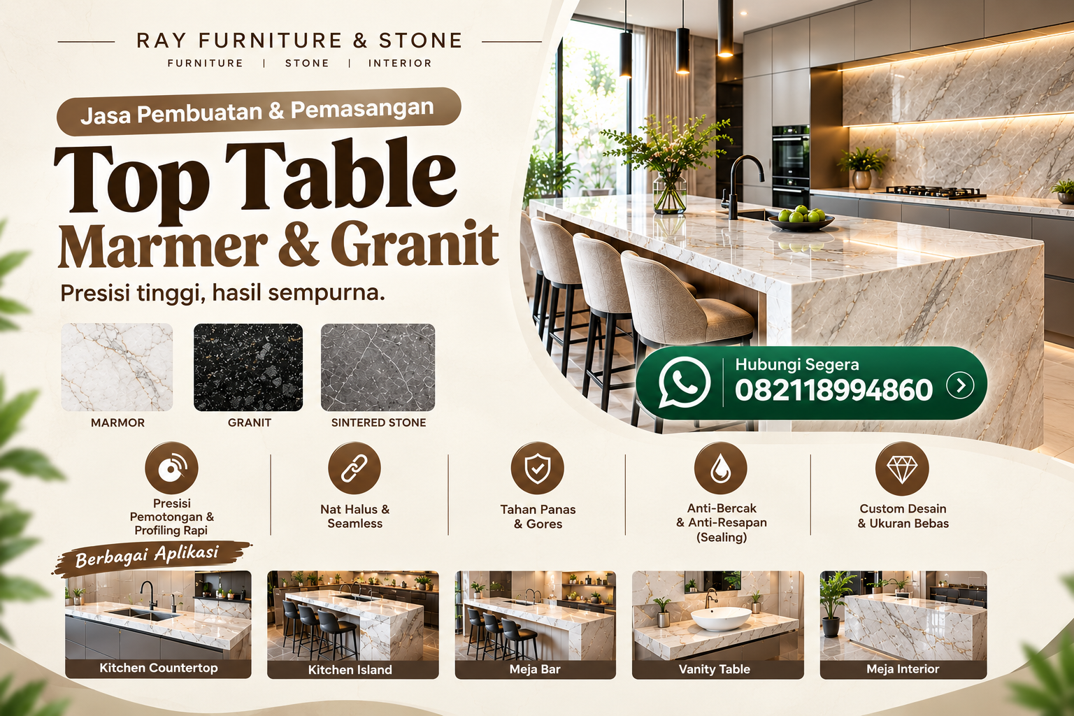 Top table marmer & granit — contoh profil marmer buatan Ray Furniture & Stone
